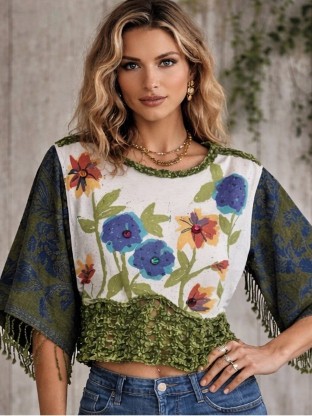Handmade Artistic Floral Women's Tunic with Green Accents